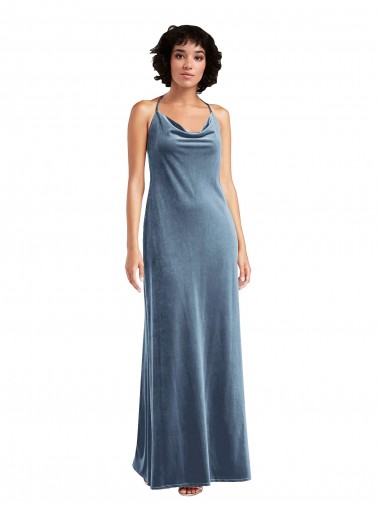 Azul Empoeirado Veludo Elástico Bainha Sem Mangas Decote Capuz Longo Vestidos de Madrinha / Vestidos de Festa Outlet