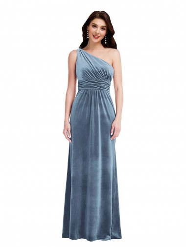 Azul Empoeirado Veludo Elástico Linha A Fora do Ombro Longo Vestidos de Madrinha / Vestidos de Festa Outlet