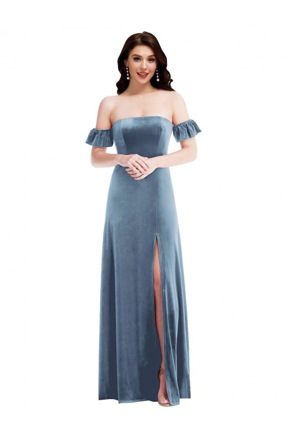 Azul Empoeirado Veludo Elástico Linha A Lombar Fora do Ombro Longo Vestidos de Madrinha / Vestidos de Festa Outlet