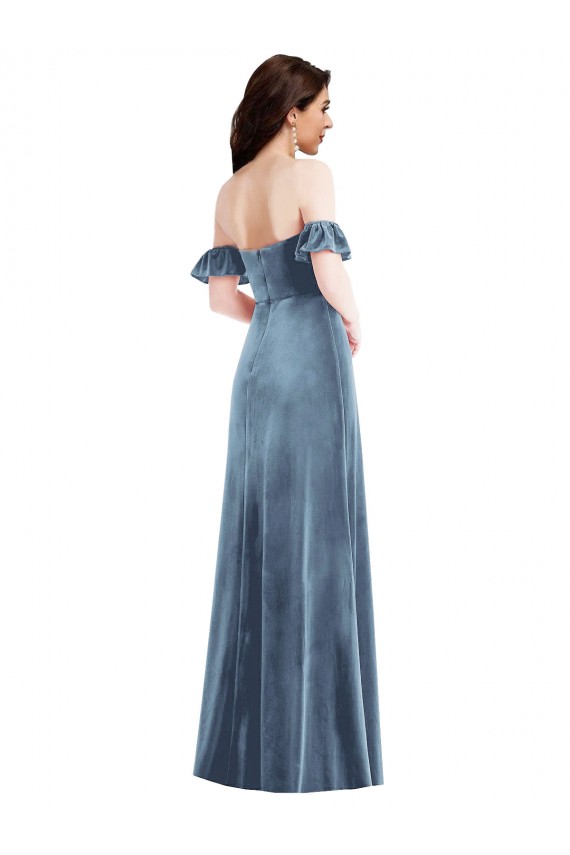 Azul Empoeirado Veludo Elástico Linha A Lombar Fora do Ombro Longo Vestidos de Madrinha / Vestidos de Festa Outlet