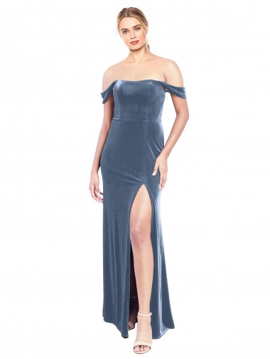 Azul Empoeirado Veludo Elástico Linha A Sem alças Longo Vestidos de Madrinha / Vestidos de Festa Outlet