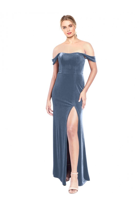 Azul Empoeirado Veludo Elástico Linha A Sem alças Longo Vestidos de Madrinha / Vestidos de Festa Outlet
