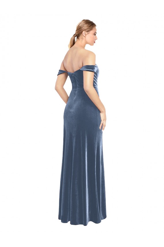 Azul Empoeirado Veludo Elástico Linha A Sem alças Longo Vestidos de Madrinha / Vestidos de Festa Outlet
