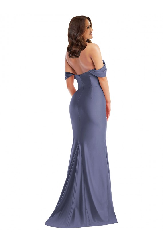 Azul Francês Sereia Fora do Ombro Cetim Sedoso Longo Formais Vestidos de Madrinha / Vestidos de Festa Outlet