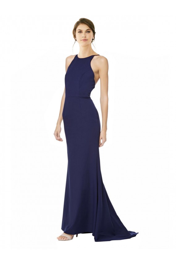 Azul Marinho Crepe Esticado Sereia Criss Cruz Decote Alto Longo Formais Vestidos de Madrinha / Vestidos de Noite / Vestidos de Festa Outlet
