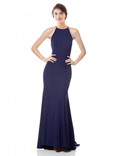 Azul Marinho Crepe Esticado Sereia Decote Alto Longo Formais Vestidos de Madrinha / Vestidos de Noite / Vestidos de Festa Outlet