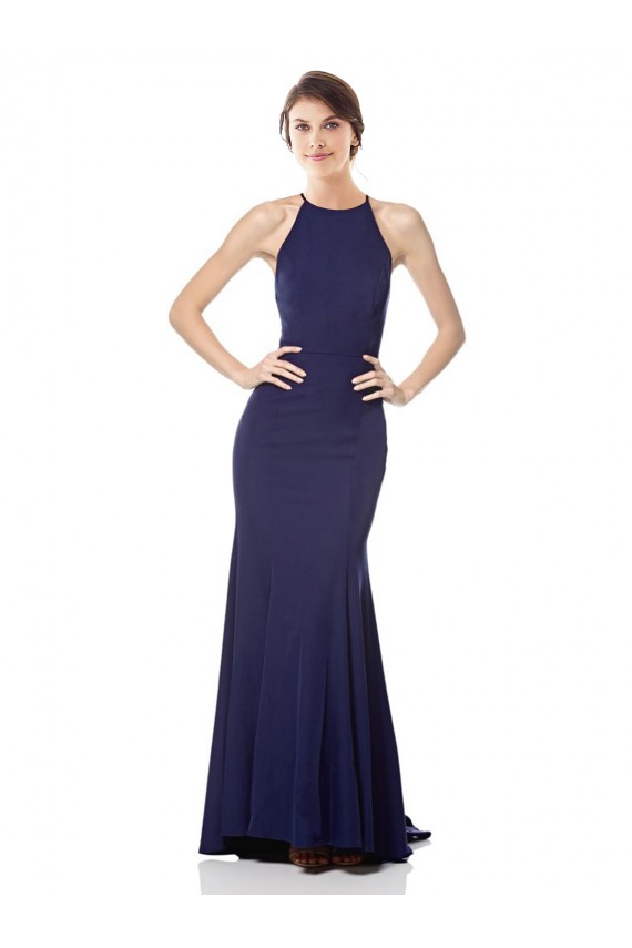 Azul Marinho Crepe Esticado Sereia Decote Alto Longo Formais Vestidos de Madrinha / Vestidos de Noite / Vestidos de Festa Outlet