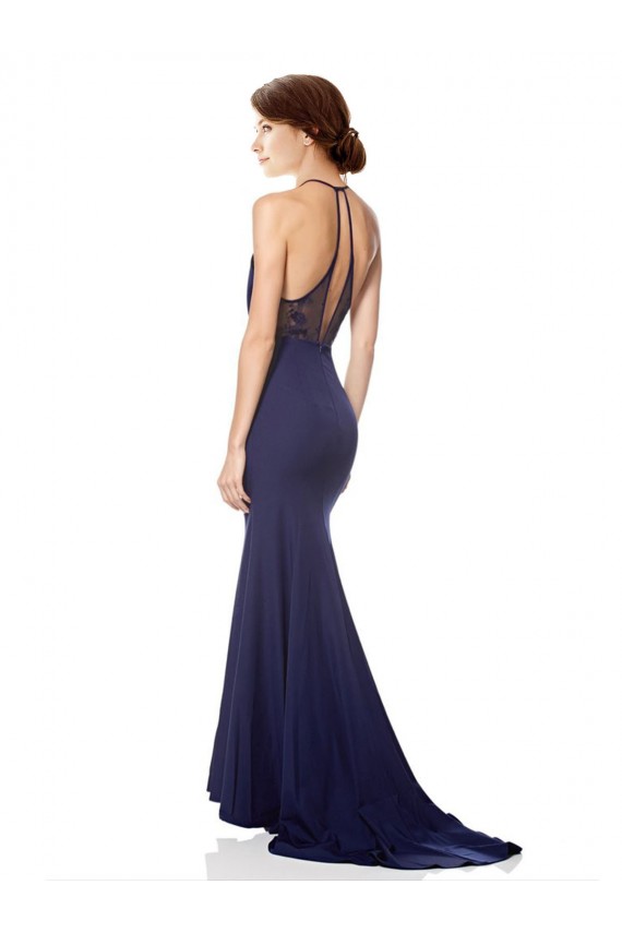 Azul Marinho Crepe Esticado Sereia Decote Alto Longo Formais Vestidos de Madrinha / Vestidos de Noite / Vestidos de Festa Outlet