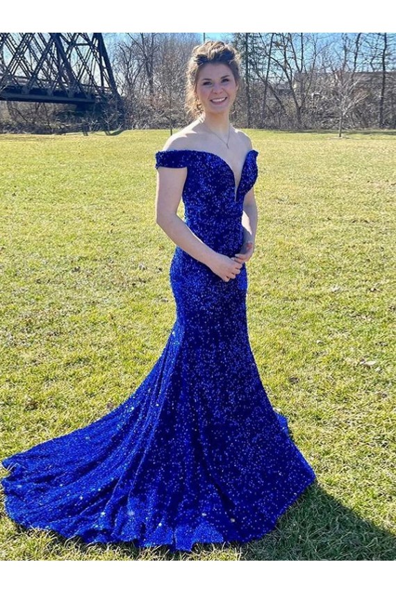 Azul Real Bainha Fora do Ombro Comboio Varredela Lantejoulas Veludo Longo Lantejoulas Veludo Vestidos de Festa Outlet