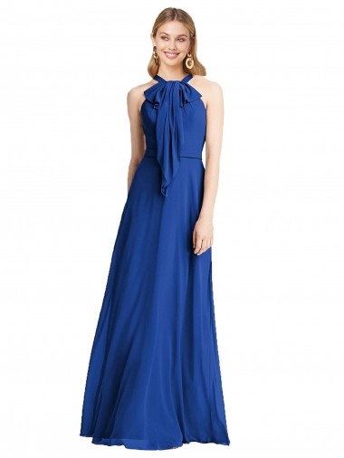 Azul Real Chiffon Linha A Costas em V Cabeçada Longo Vestidos de Madrinha Outlet