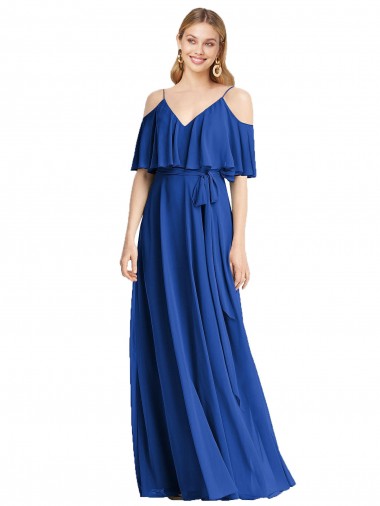 Azul Real Chiffon Linha A Ombro Frio Decote V Longo Vestidos de Madrinha Outlet