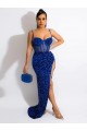 Azul Real Lantejoulas Veludo Bainha Sem Mangas Alças finas Longo Lantejoulas Veludo Vestidos de Festa Outlet