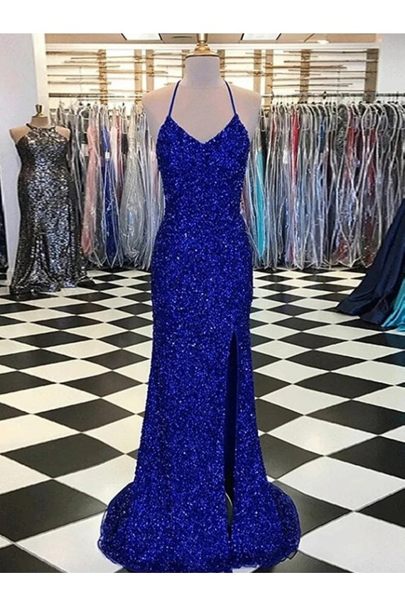 Azul Real Lantejoulas Veludo Bainha Sem Mangas Decote V Longo Lantejoulas Veludo Vestidos de Festa Outlet