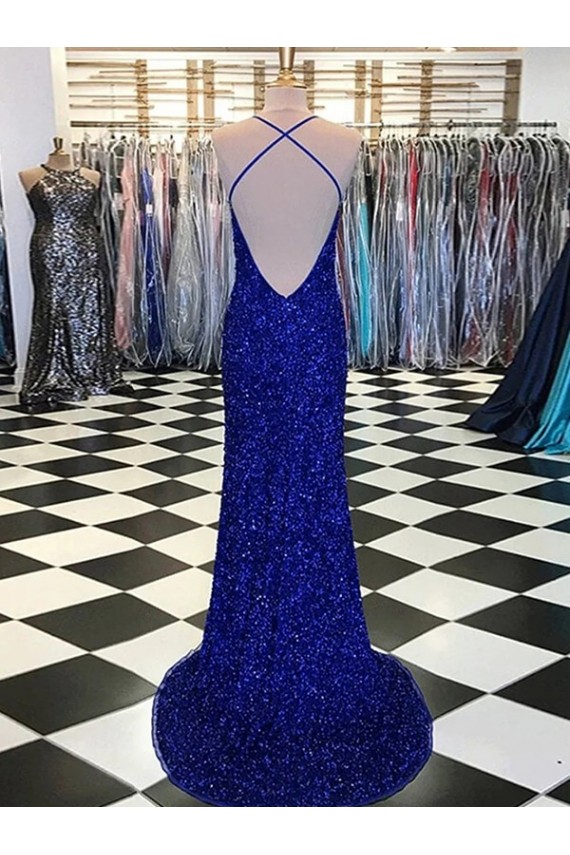 Azul Real Lantejoulas Veludo Bainha Sem Mangas Decote V Longo Lantejoulas Veludo Vestidos de Festa Outlet