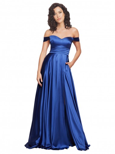 Azul Real Linha A Fora do Ombro Comboio Varredela Cetim Elástico Longo Formais Vestidos de Madrinha / Vestidos de Festa Outlet