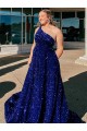 Azul Real Linha A Um Ombro Comboio Varredela Lantejoulas Veludo Longo Lantejoulas Veludo Vestidos de Festa Outlet