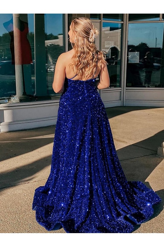 Azul Real Linha A Um Ombro Comboio Varredela Lantejoulas Veludo Longo Lantejoulas Veludo Vestidos de Festa Outlet