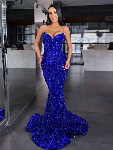 Azul Real Sereia Alças finas Comboio Varredela Lantejoulas Veludo Longo Lantejoulas Veludo Vestidos de Festa Outlet