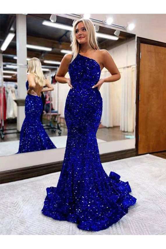 Azul Real Sereia Um Ombro Comboio Varredela Lantejoulas Veludo Longo Lantejoulas Veludo Vestidos de Festa Outlet