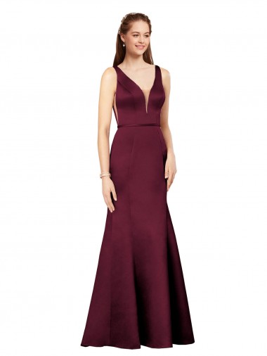 Borgonha Bainha Decote V Cetim Longo Formais Vestidos de Madrinha / Vestidos de Festa Outlet