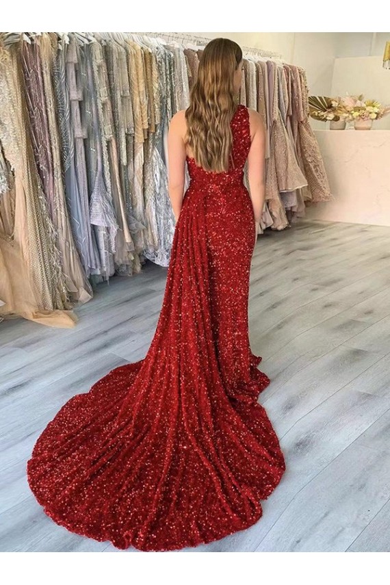 Borgonha Bainha Um Ombro Comboio Corte Lantejoulas Veludo Longo Lantejoulas Veludo Vestidos de Festa Outlet