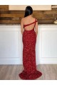Borgonha Bainha Um Ombro Comboio Varredela Lantejoulas Veludo Longo Lantejoulas Veludo Vestidos de Festa Outlet
