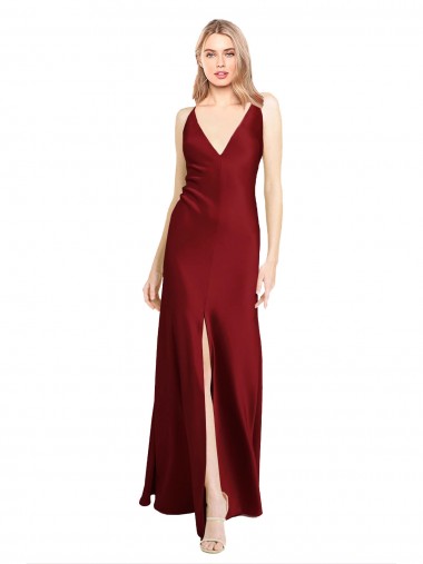 Borgonha Cetim Elástico Linha A Sem Mangas Decote V Longo Formais Vestidos de Madrinha / Vestidos de Noite / Vestidos de Festa Outlet