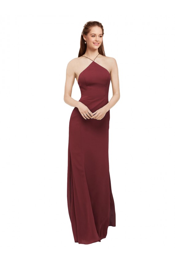 Borgonha Chiffon Bainha Abrir de volta Cabeçada Longo Vestidos de Madrinha Outlet