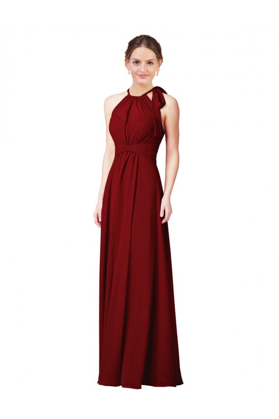 Borgonha Chiffon Bainha Cabeçada Longo Vestidos de Madrinha Outlet