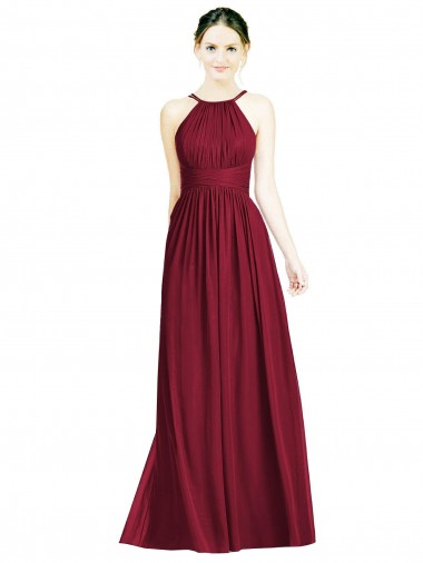 Borgonha Chiffon Linha A Abrir de volta Cabeçada Longo Vestidos de Madrinha Outlet