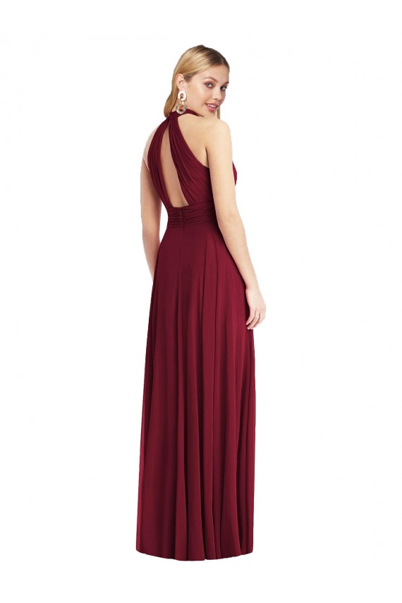 Borgonha Chiffon Linha A Abrir de volta Decote Alto Longo Vestidos de Madrinha Outlet