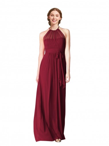 Borgonha Chiffon Linha A Cabeçada Longo Vestidos de Madrinha Outlet