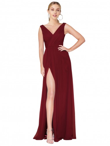 Borgonha Chiffon Linha A Costas em V Decote Alto Longo Formais Vestidos de Madrinha / Vestidos de Noite / Vestidos de Festa Outlet