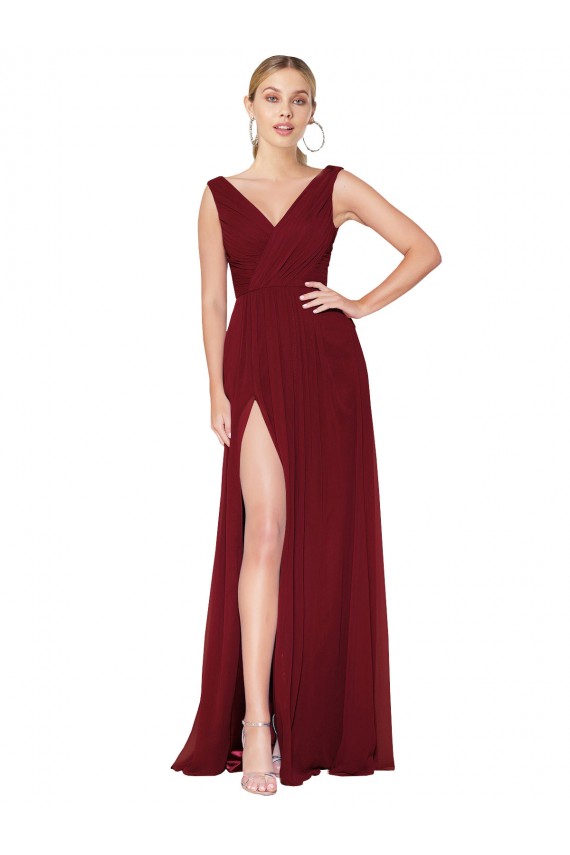 Borgonha Chiffon Linha A Costas em V Decote Alto Longo Formais Vestidos de Madrinha / Vestidos de Noite / Vestidos de Festa Outlet