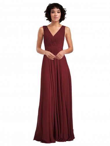 Borgonha Chiffon Linha A Costas em V Decote V Longo Vestidos de Madrinha Outlet