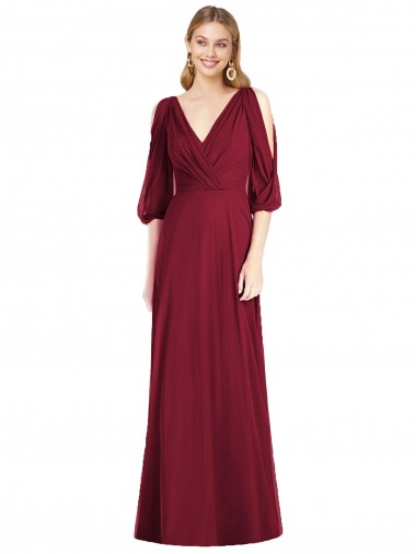 Borgonha Chiffon Trombeta Costas em V Decote V Longo Vestidos de Madrinha Outlet