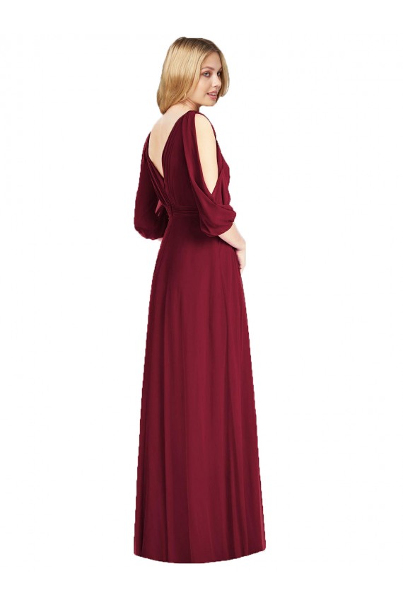 Borgonha Chiffon Trombeta Costas em V Decote V Longo Vestidos de Madrinha Outlet