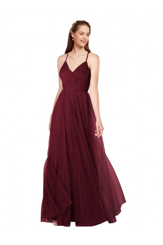 Borgonha Linha A Alças finas Tule Longo Vestidos de Madrinha Outlet