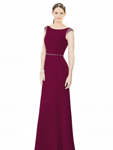 Borgonha Linha A Decote Barco Chiffon Longo Vestidos de Madrinha Outlet