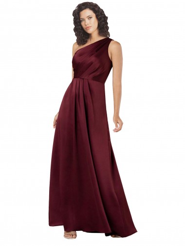 Borgonha Linha A Um Ombro Cetim Sedoso Longo Formais Vestidos de Madrinha / Vestidos de Festa Outlet