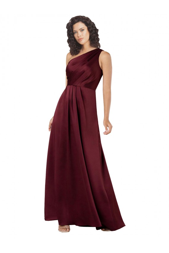 Borgonha Linha A Um Ombro Cetim Sedoso Longo Formais Vestidos de Madrinha / Vestidos de Festa Outlet