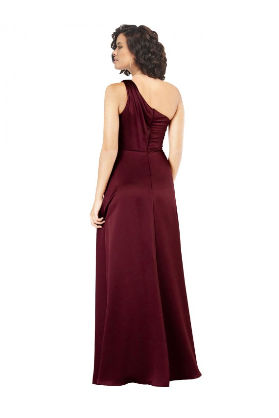 Borgonha Linha A Um Ombro Cetim Sedoso Longo Formais Vestidos de Madrinha / Vestidos de Festa Outlet