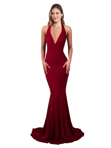 Borgonha Sereia Cabeçada Spandex Longo Formais Vestidos de Madrinha / Vestidos de Festa Outlet