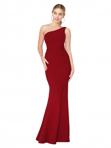 Borgonha Sereia Um Ombro Crepe Esticado Longo Formais Vestidos de Madrinha / Vestidos de Festa Outlet
