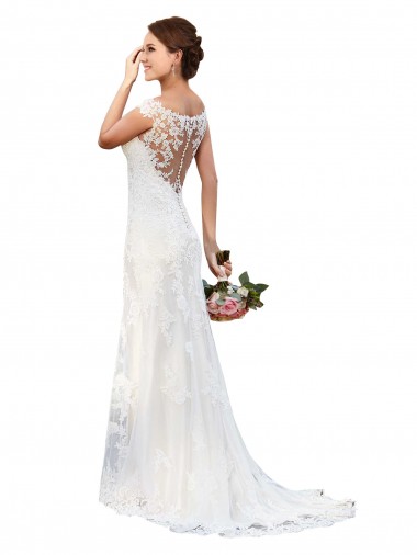 Branco Bainha Barco Comboio Capela Renda Longo Vestidos de Noiva Outlet