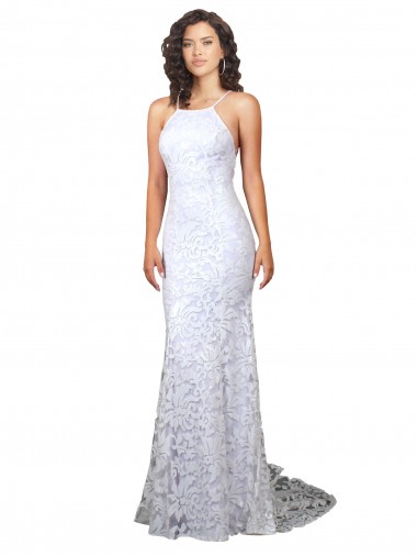 Branco Bainha Decote Alto Comboio Varredela Renda Longo Vestidos de Noiva Outlet