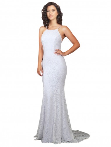 Branco Sereia Decote Alto Comboio Varredela Renda Longo Vestidos de Noiva Outlet