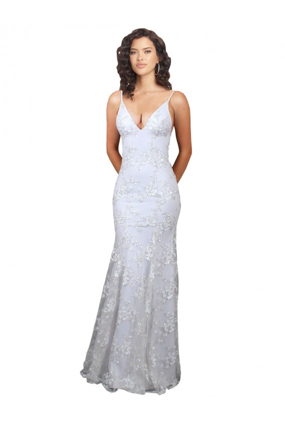 Branco Sereia Decote V Crepe Esticado & Lantejoulas Tule Longo Formais Vestidos de Madrinha / Vestidos de Festa Outlet