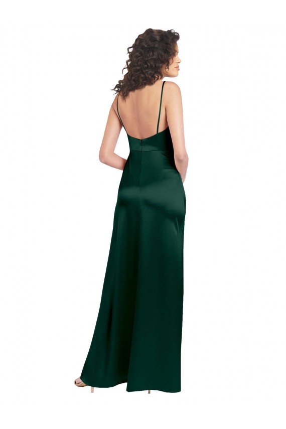 Caçador Verde Cetim Elástico Linha A Abrir de volta Colher Longo Formais Vestidos de Madrinha / Vestidos de Noite / Vestidos de Festa Outlet