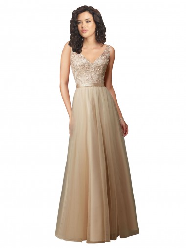 Champanhe Linha A Decote V Tule & Renda Longo Vestidos de Madrinha Outlet